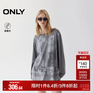 T恤 舒适莱赛尔绵羊毛印花宽松落肩显瘦圆领长袖 ONLY2025秋季 新款