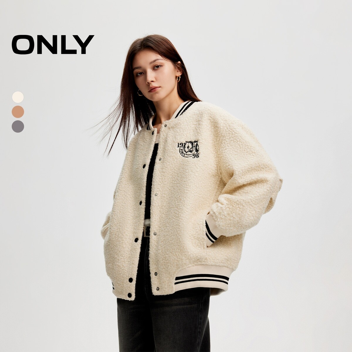 【ONLY奥莱】春季新款潮流口袋字母刺绣棒球领撞色棉服女