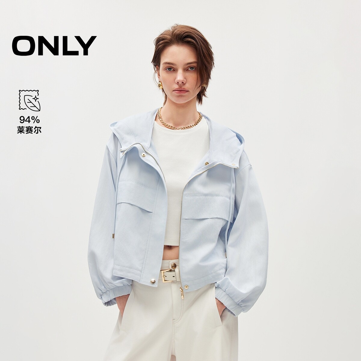 ONLY2026夏季新款短款立体贴袋纯色设计挺阔正肩剪裁连帽风衣女
