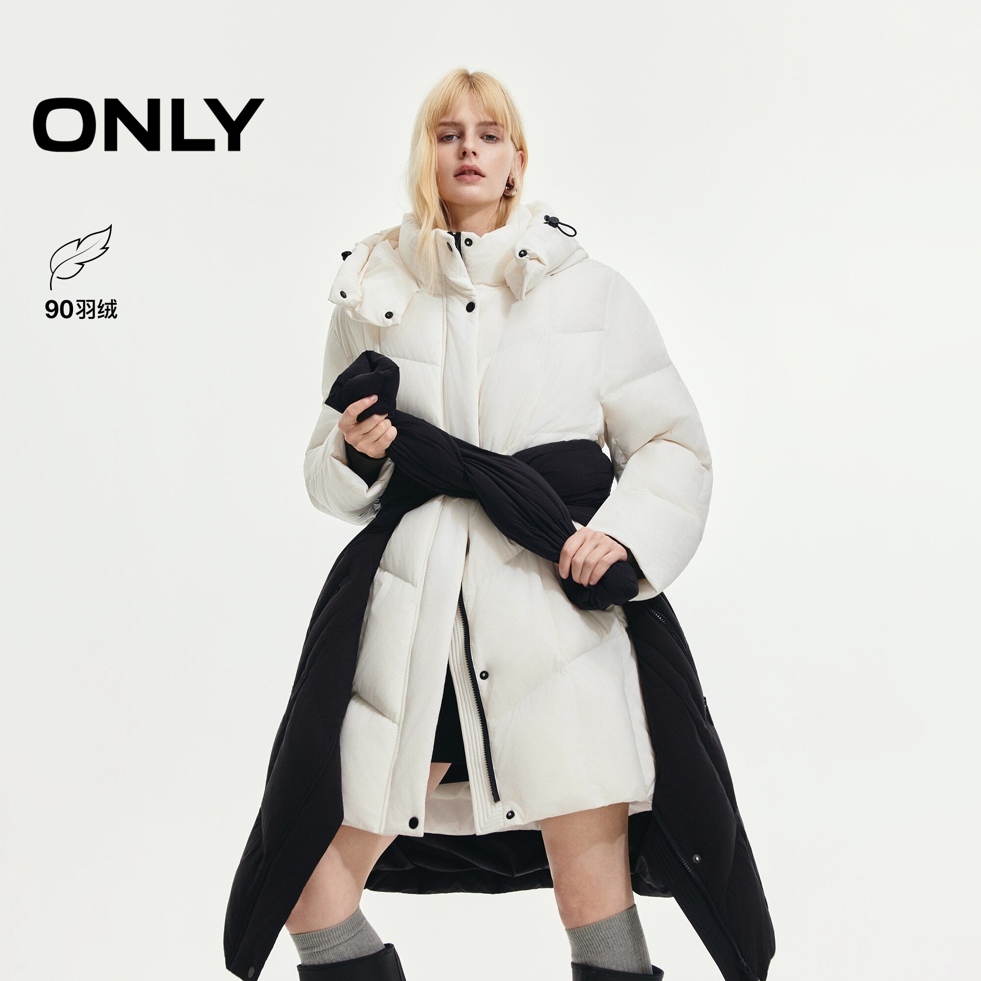 ONLY90白鸭绒连帽中长款羽绒服女