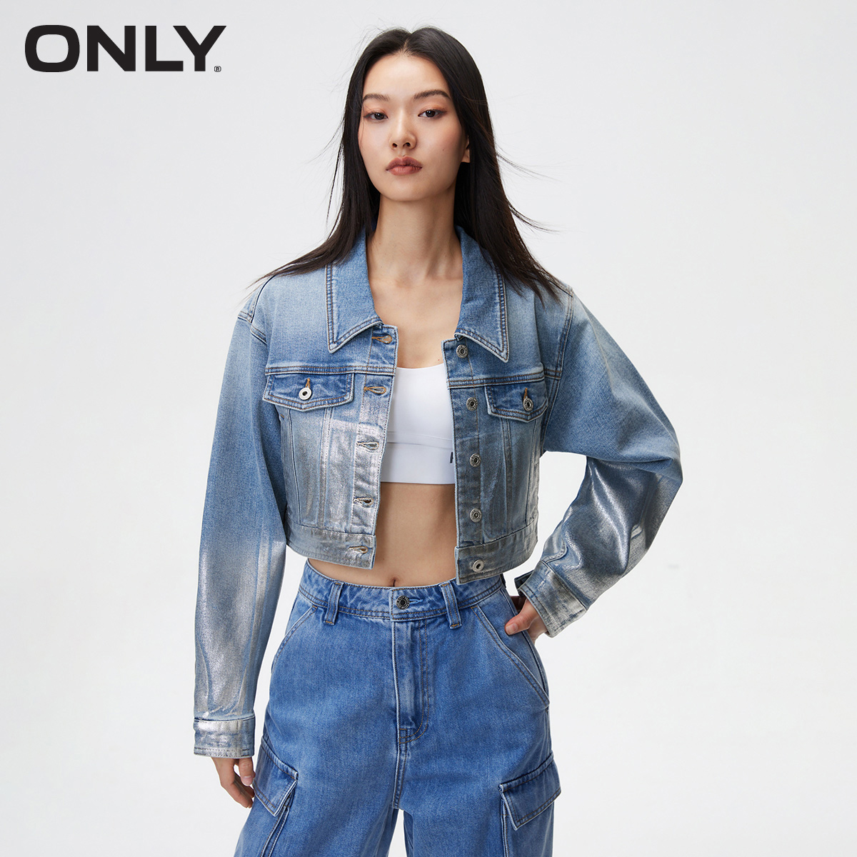 ONLY翻领宽松短款牛仔外套