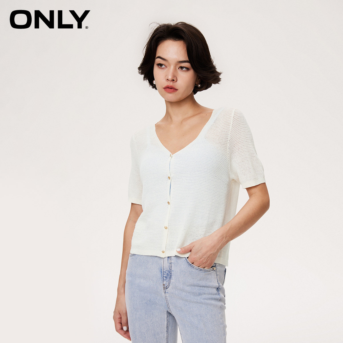 ONLY设计感V领短袖短款针织衫