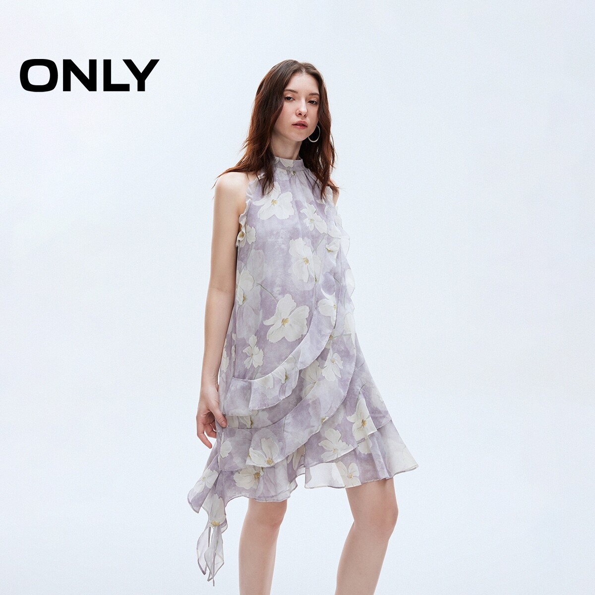【ONLY奥莱】春夏新款淑女挂脖圆领荷叶边设计短裙碎花裙连衣裙女