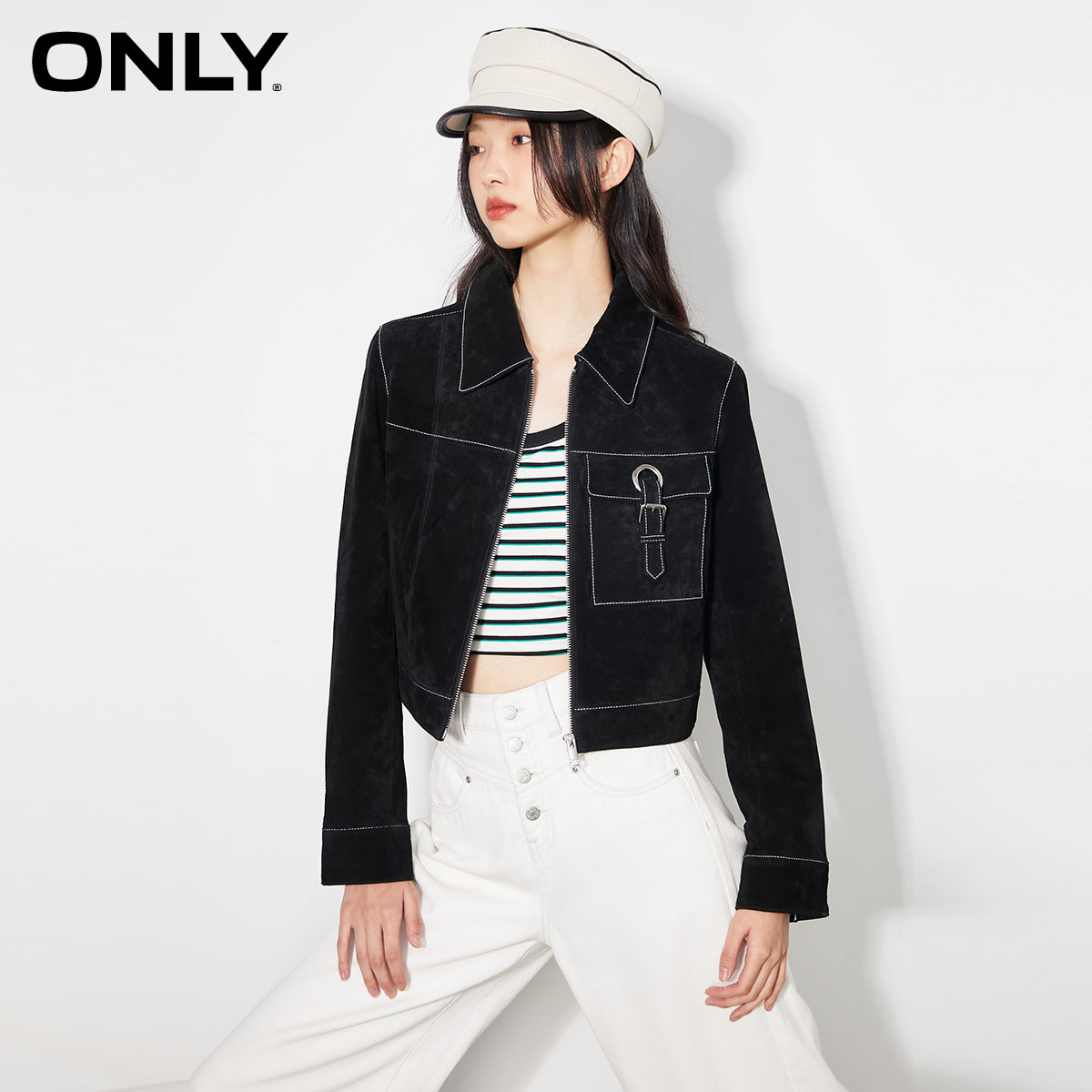 【ONLY奥莱】秋冬时尚通勤金属纽扣明线设计皮衣外套女