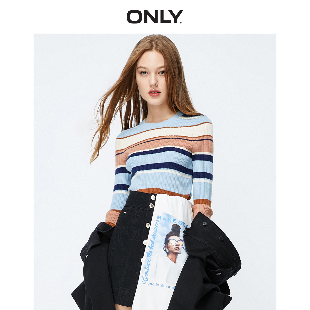 ONLY奥莱清仓秋季新款撞色条纹修身打底薄针织衫女|119324550