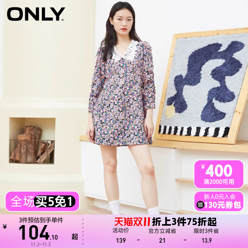 【买5免1】ONLY奥莱夏季花边娃娃领仙女感碎花短款连衣裙女