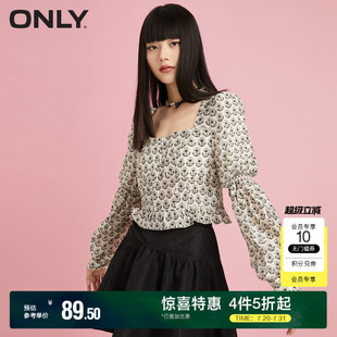 复古方领甜美泡泡袖 短款 法式 女 雪纺衫 ONLY奥莱 夏季