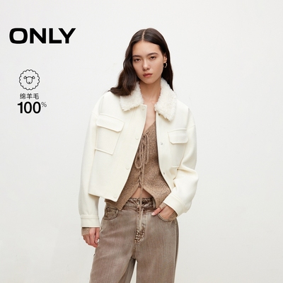 ONLY100%绵羊毛纯色短款毛呢大衣