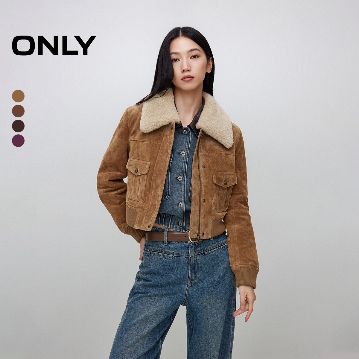 ONLY奥莱冬季新款「琥珀流光风」复古短款羊毛领设计皮衣外套女