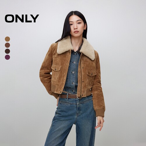 ONLY复古羊毛领短款皮衣外套