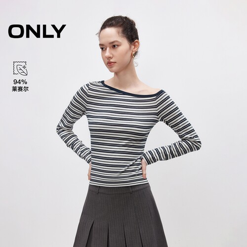ONLY含莱赛尔松弛感斜肩条纹T恤