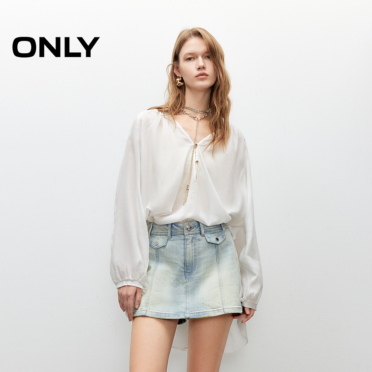 【ONLY奥莱】夏季复古磨白水洗拼接剪裁A字高腰裙裤短裤牛仔裤女