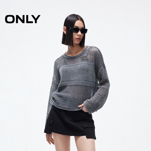 ONLY镂空拼接圆领落肩针织衫