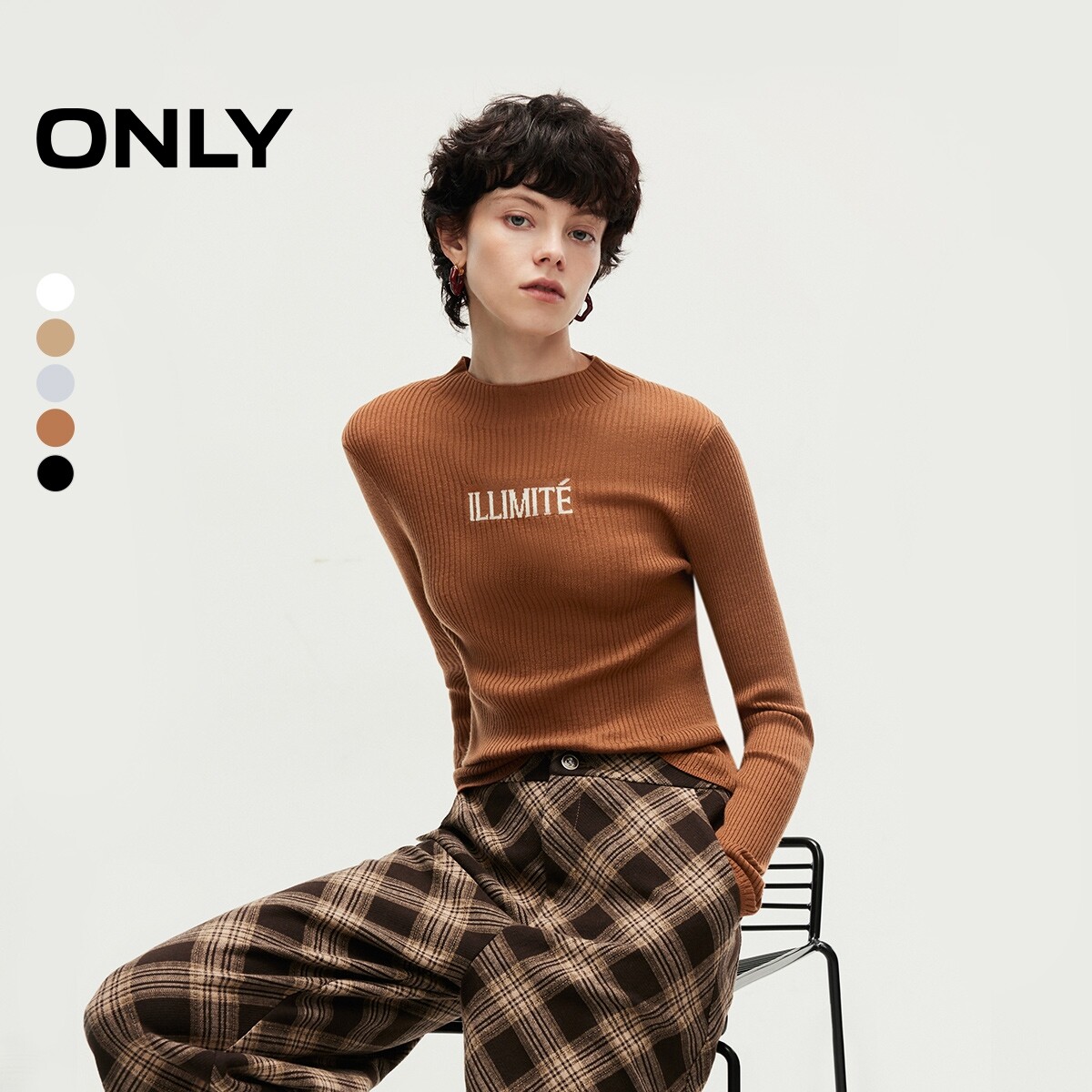 【ONLY奥莱】春季新款含绵羊毛时尚字母螺纹长袖针织衫女