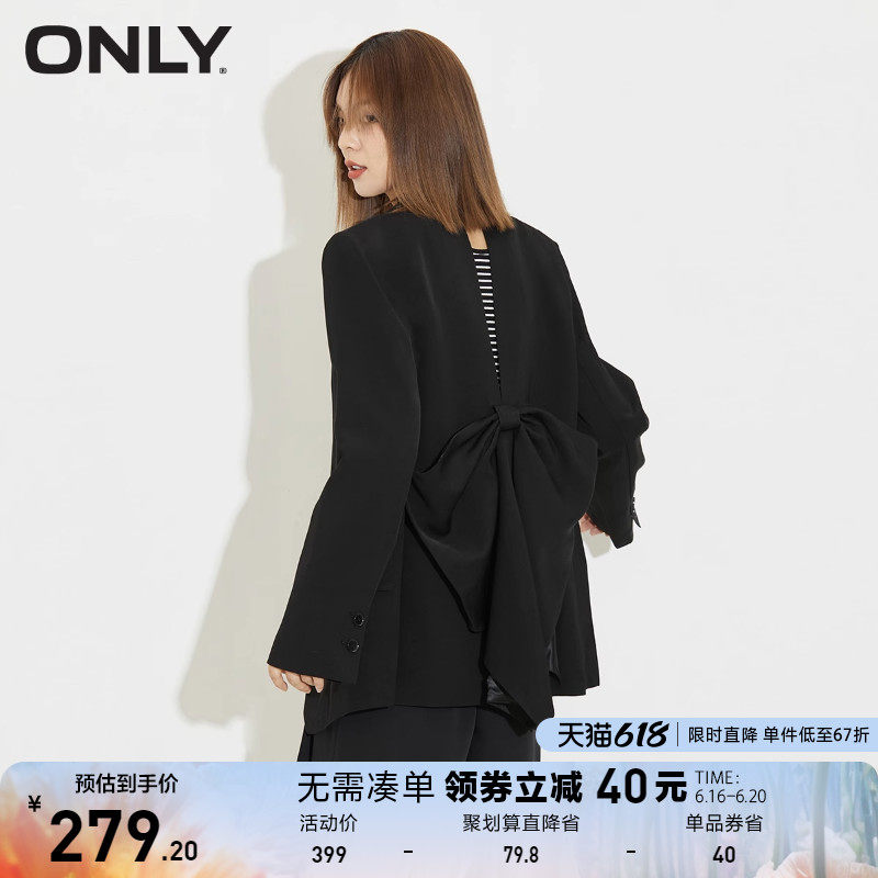 ONLY奥莱夏季设计感一粒扣薄垫肩蝴蝶结镂空西服女