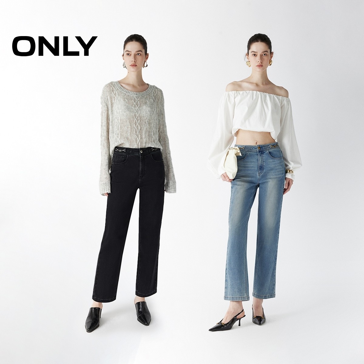 ONLY2025秋冬新款约克线剪裁高腰修身显瘦九分裤直筒裤牛仔裤女