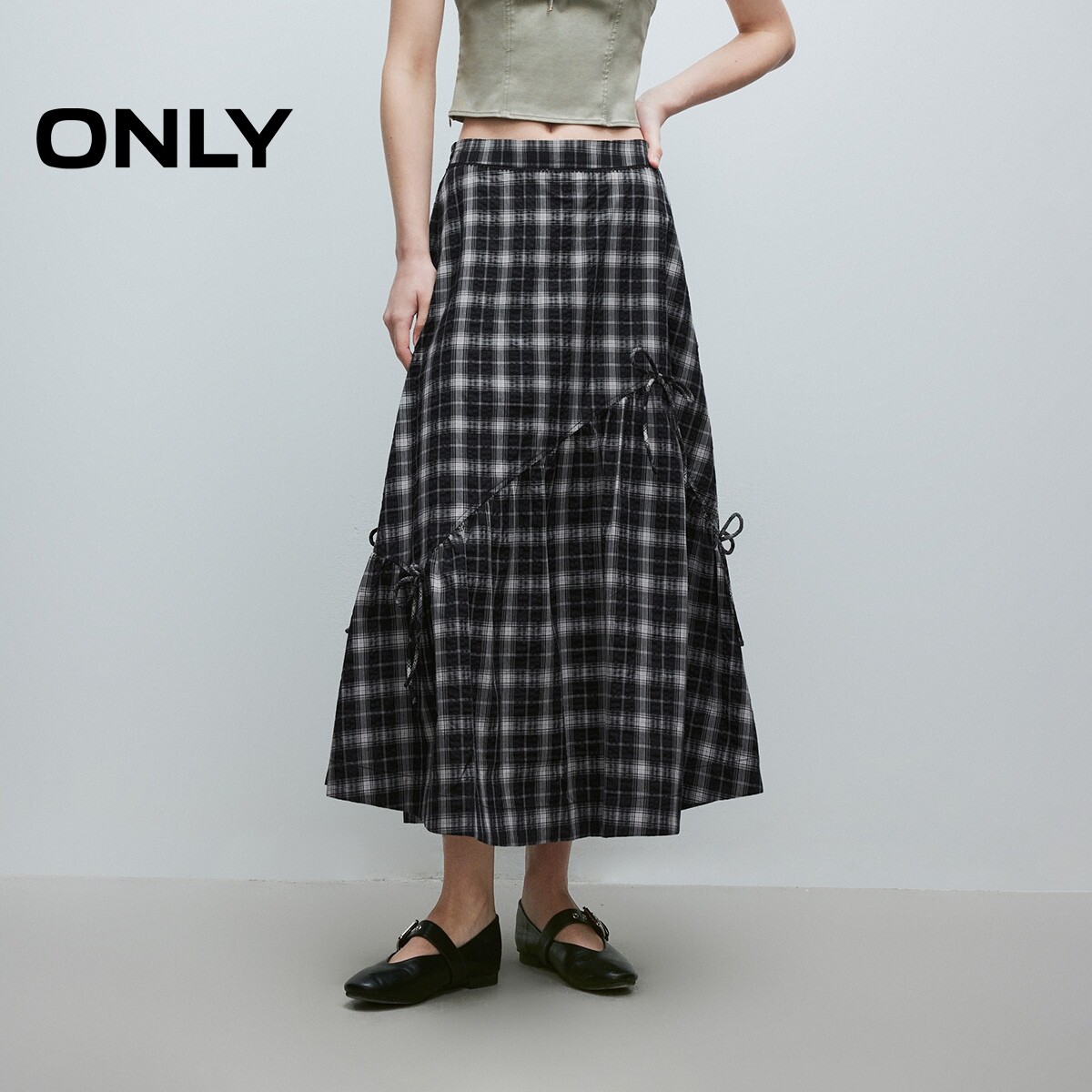【ONLY奥莱】春夏俏皮蝴蝶结A型剪裁显瘦舒适伞裙中长裙半身裙女