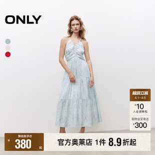 春夏浪漫花卉印花显瘦腰部镂空挂脖V领绑带连衣裙女 ONLY奥莱