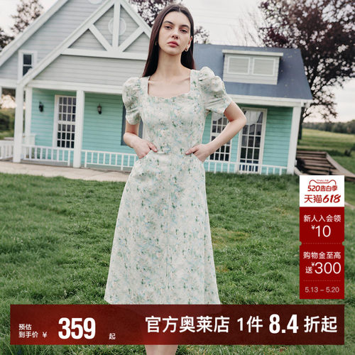 ONLY方领泡泡袖中长款连衣裙