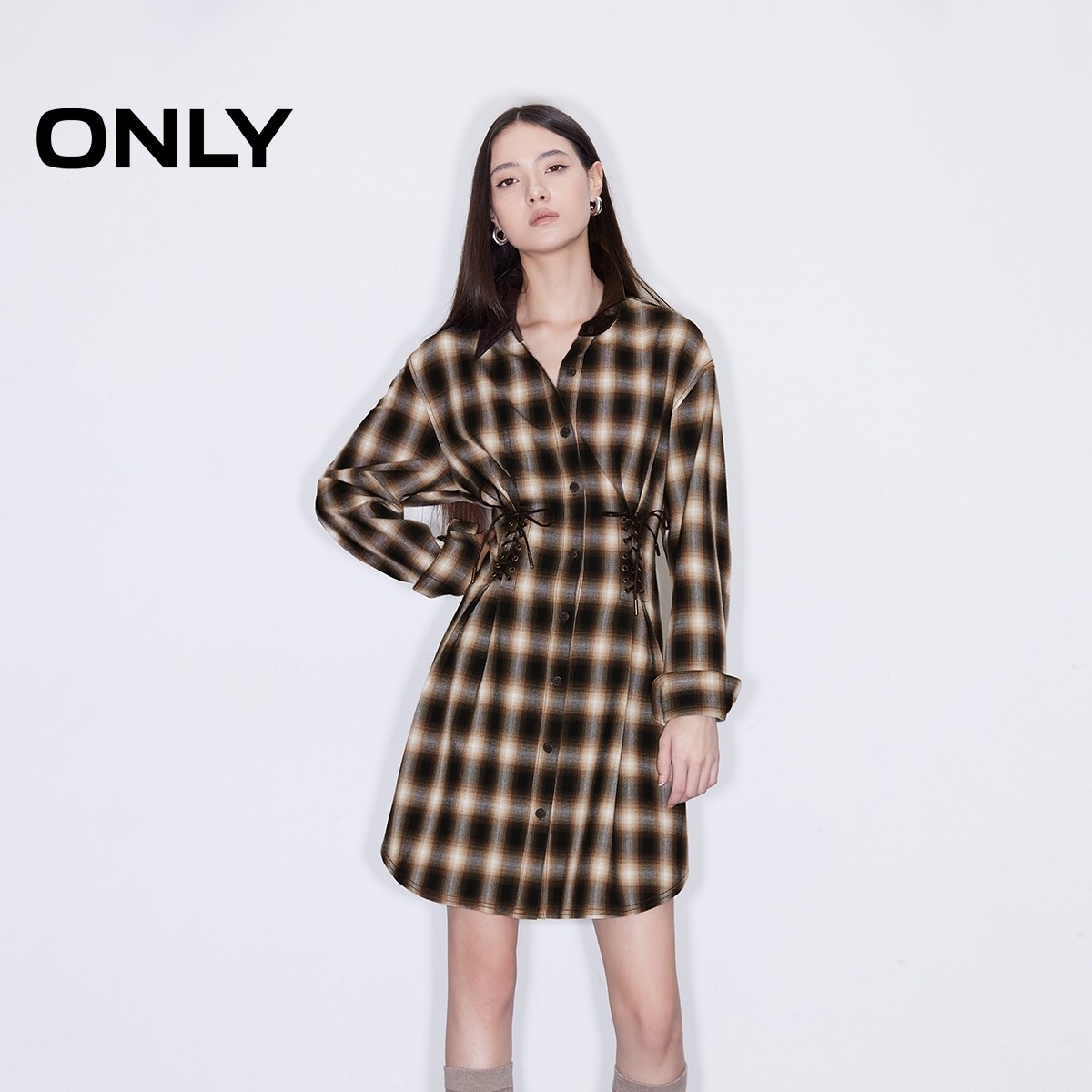 【ONLY奥莱】秋季新款气质通勤修身绑带长款格纹衬衫女