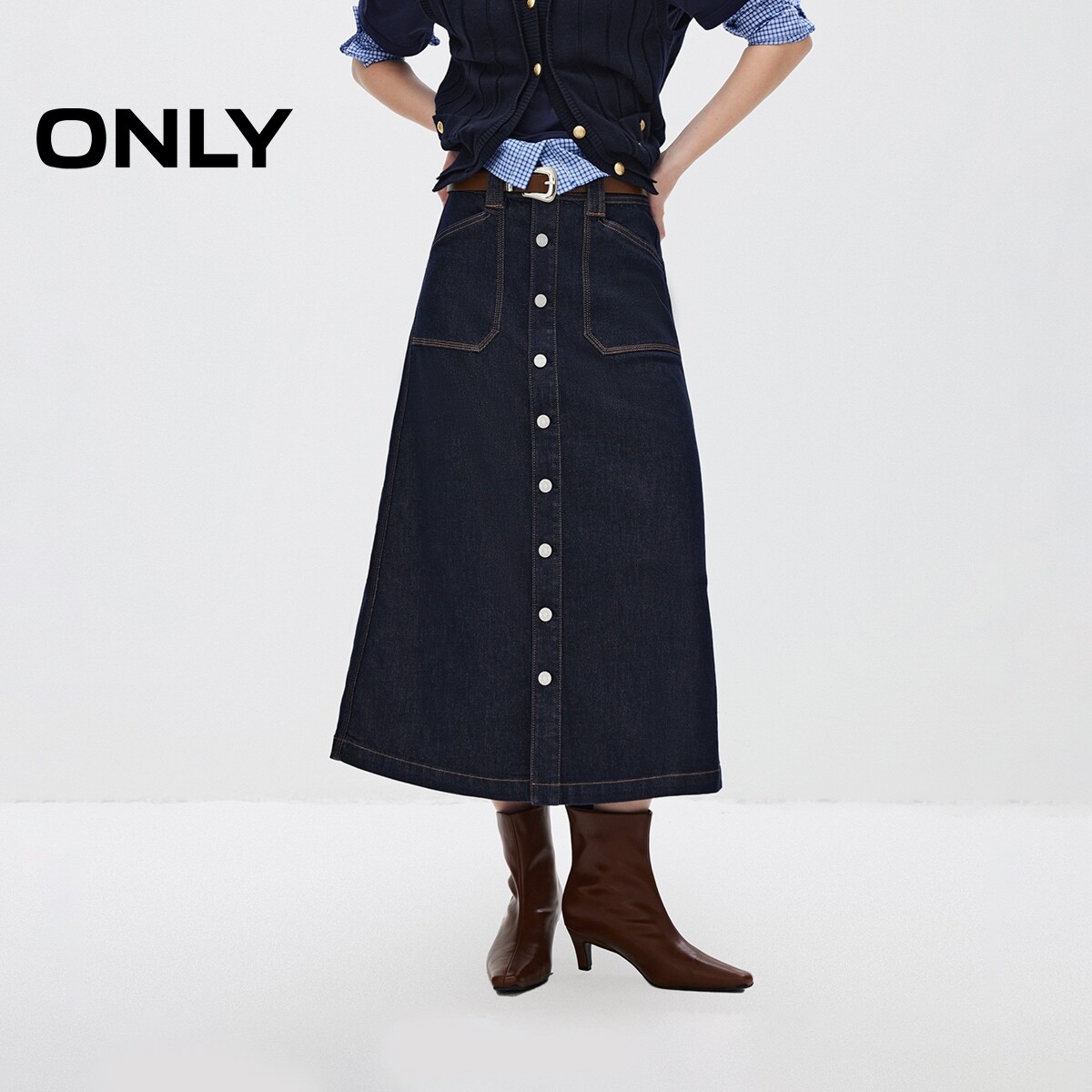 ONLY高腰A字长裙牛仔裙半身裙