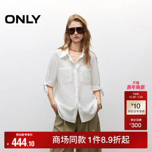 女 宽松衬衫 ONLY2025秋冬新款 利落剪裁透感面料纯色翻领绑带半袖