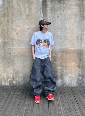 Grailz小众做旧脏染人像印花美式休闲宽松短袖夏季情侣重磅T恤Tee
