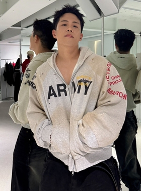 Grailz Project gr重磅假两件拼接做旧破坏脏染帽衫卫衣开衫外套