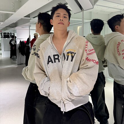 Grailz Project gr重磅假两件拼接做旧破坏脏染帽衫卫衣开衫外套