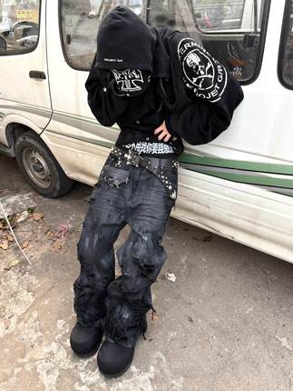 GRALIZ PROJECT GR骷髅拼接水洗做旧破洞连帽衫卫衣美式拉链外套