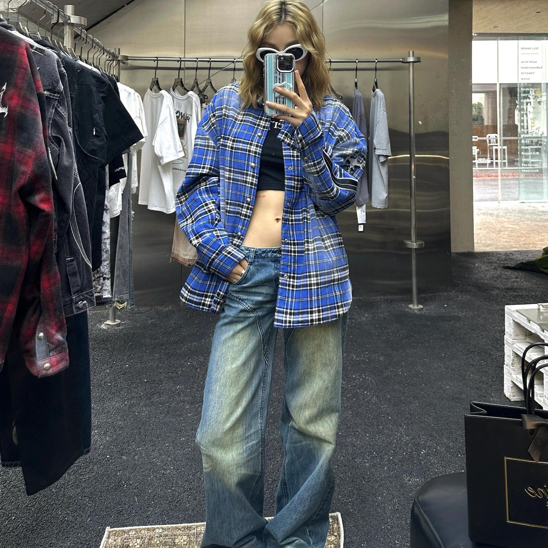 ThugClub蓝格子美式长袖衬衫