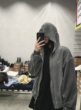 Thug club重磅蜡染水洗做旧破坏拉链连帽卫衣美式休闲开衫外套潮