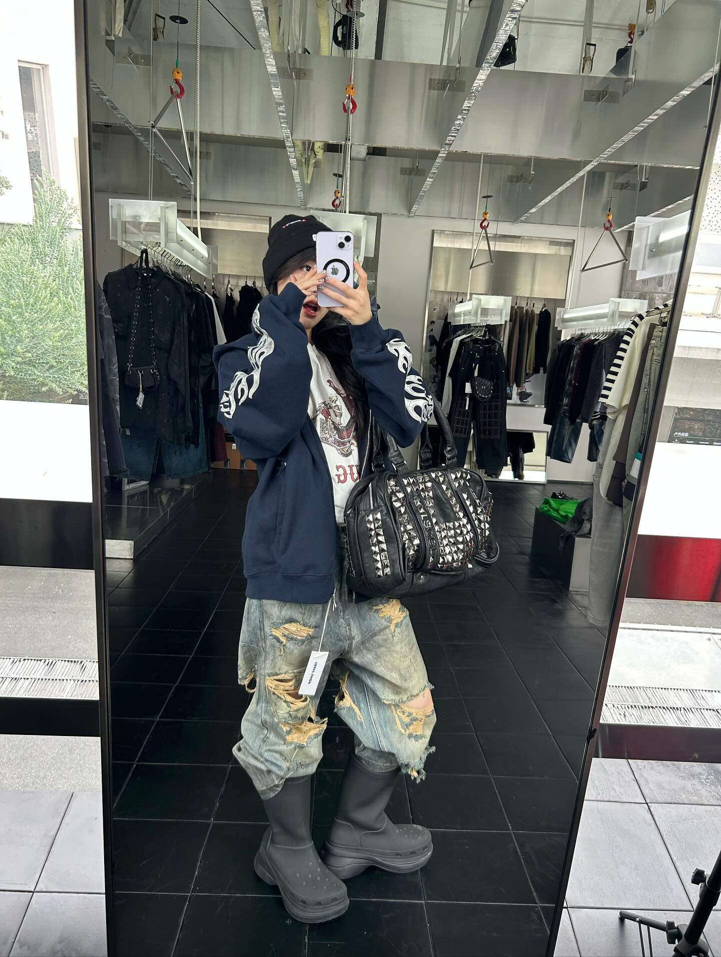 Thugclub破坏刺绣火焰美式外套