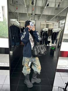 连帽衫 Thug club小众金属星月logo做旧破坏刺绣火焰拉链外套美式