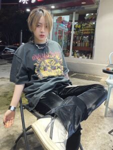 Askyurself太阳骷髅十字印花复古做旧Inside out短袖高街宽松T恤