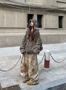 Latui Atelier大破坏拉链廓形做旧连帽衫卫衣朴彩英Rose同款外套