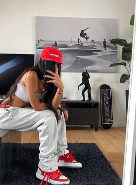 Askyurself复古刺绣字母灰色卫裤休闲直筒运动长裤阔腿裤显瘦裤子