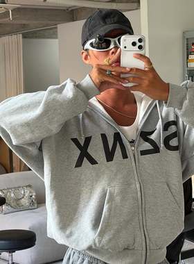 KANYE侃爷上海周边SZNX印花卫衣美式拉链连帽帽衫外套宁艺卓同款