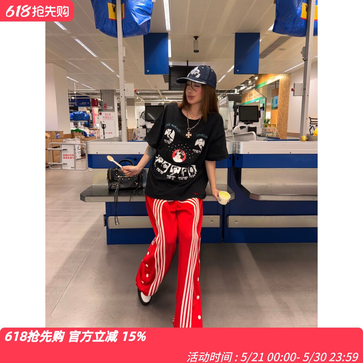 Paly Hollywood烫钻人像印花水洗做旧破坏短袖美式休闲纯棉T恤Tee