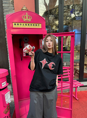 Thug Club小众潮牌星月拼皮绣花基础短袖美式休闲宽松T恤朴宰范同