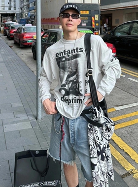 ERD忧郁富二代人像字母印花高街美式休闲宽松情侣潮牌纯棉长袖T恤