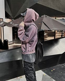 外套 情侣开衫 Far Archive紫色做旧水洗破坏拉链连帽卫衣高街美式