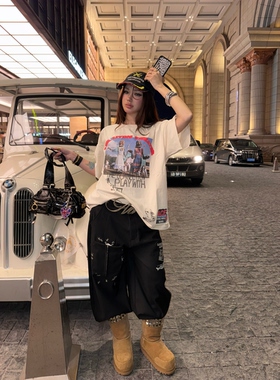 paly Hollywood小众设计好莱坞卡通动漫做旧破坏短袖美式休闲T恤