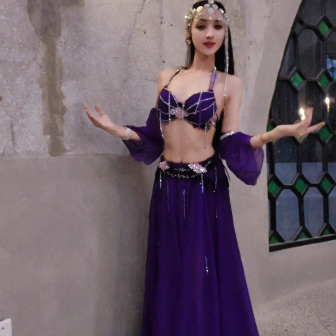 悦梦风璐肚皮舞新款套装演出服班服性感气质练功服紫色显瘦初学
