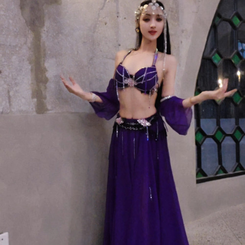 悦梦风璐肚皮舞新款套装演出服班服性感气质练功服紫色显瘦初学
