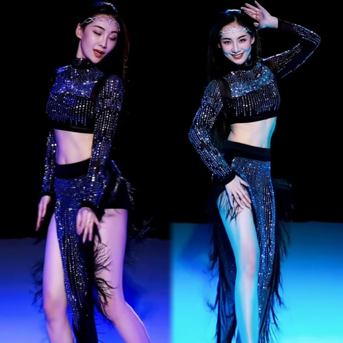 悦梦风璐2024新款肚皮舞练功服演出服装轻奢优雅分体烫钻重工套装