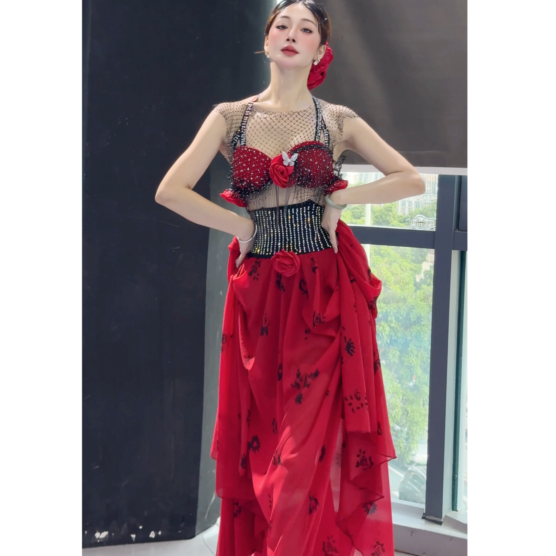 悦梦风璐肚皮舞新款套装演出服班服显瘦初学仙女弗拉明戈大摆裙