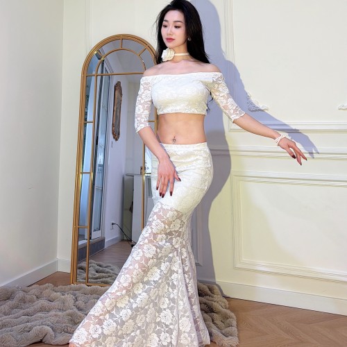悦梦风璐肚皮舞服装新款性感蕾丝拼接网纱半身裙女演出服鱼尾裙