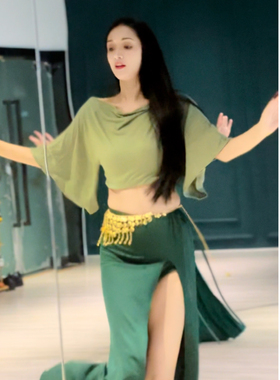 悦梦风璐肚皮舞鼓舞练习服初学者性感长裙套装练功服仙女款绿色