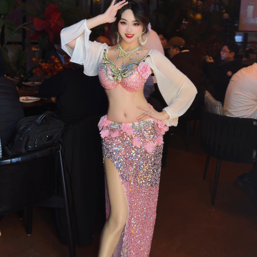 悦梦风璐肚皮舞新款套装演出服班服气质练功服显瘦初学粉色鱼尾裙